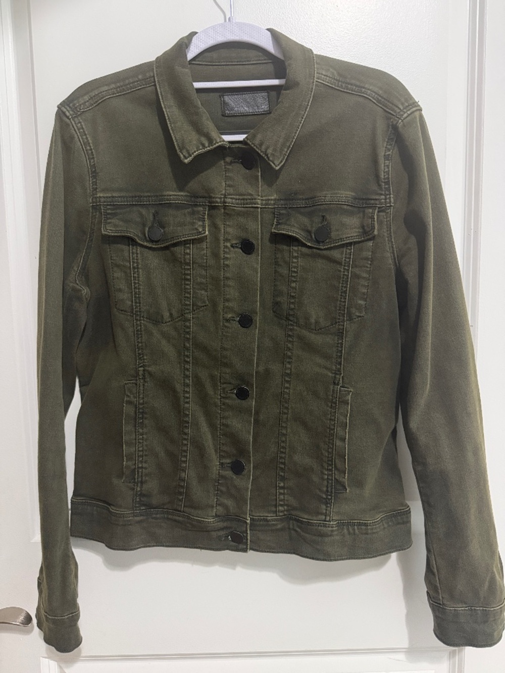 Articles of Society Olive Green Denim Trucker Jacket, Size Large